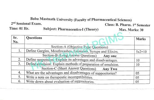 BMU 2nd ses. BP103T Pharmaceutics I 1st Semester B.Pharmacy Previous Year's Question Paper,BP103T Pharmaceutics-I,BPharmacy,Previous Year's Question Papers,BPharm 1st Semester,
